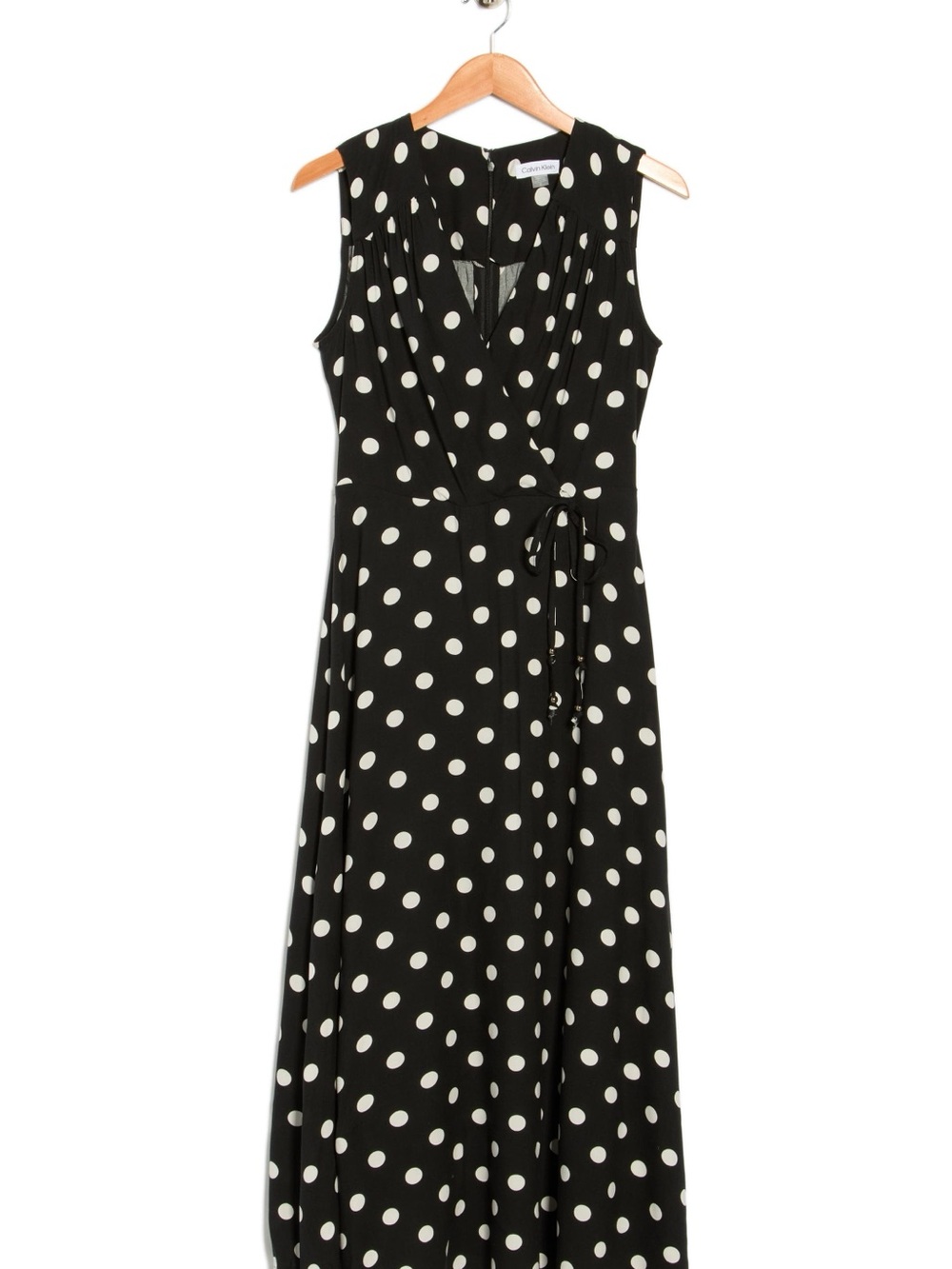 Calvin Klein Black and White Polka Dot Sleeveless Wrap Maxi Dress
